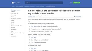 
                            1. I didn't receive the code to confirm my mobile phone number. - Facebook