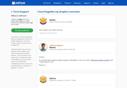 
                            6. I have forgotten my dropbox username - JotForm