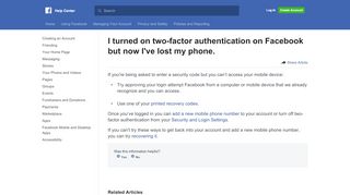
                            3. I turned on two-factor authentication but now I've lost my ... - Facebook