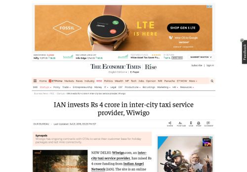 
                            12. IAN invests Rs 4 crore in inter-city taxi service provider, Wiwigo - The ...