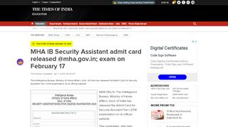 
                            6. IB Admit card: MHA IB Security Assistant admit card ... - Times of India