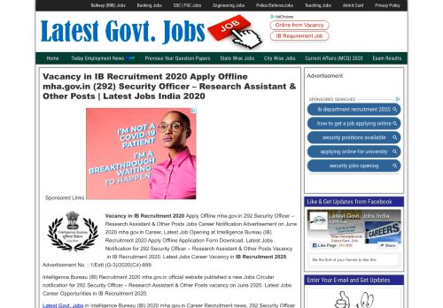 
                            7. IB Recruitment 2019 Apply Offline mha.gov.in (318) Junior Intelligence ...