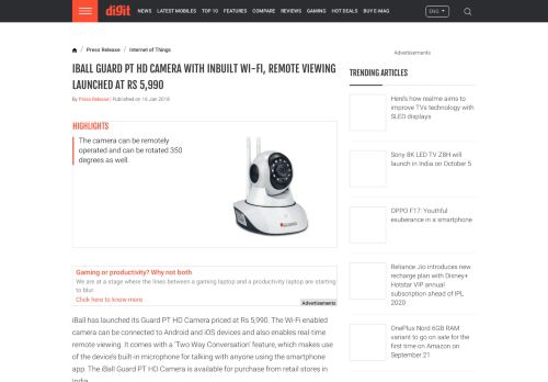 
                            9. iBall Guard PT HD Camera with inbuilt Wi-Fi, remote viewing launched ...