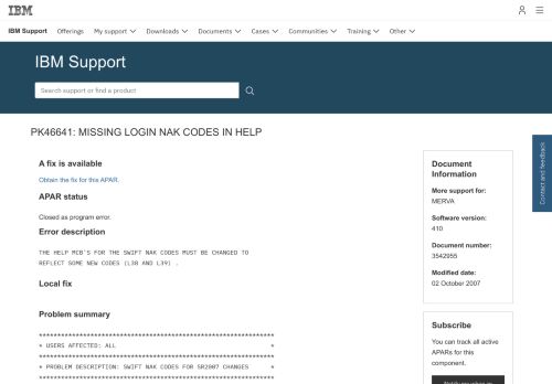 
                            13. IBM PK46641: MISSING LOGIN NAK CODES IN HELP - United States