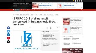 
                            8. IBPS PO 2018 prelims result announced @ ibps.in - Times of India