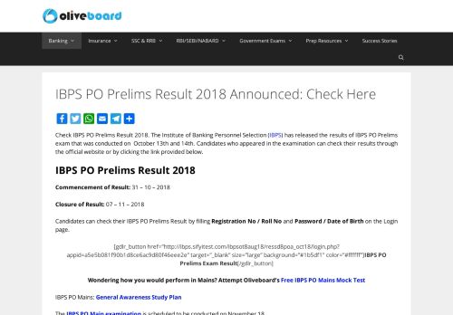 
                            9. IBPS PO Prelims Result 2018 Announced: Check Here - Oliveboard