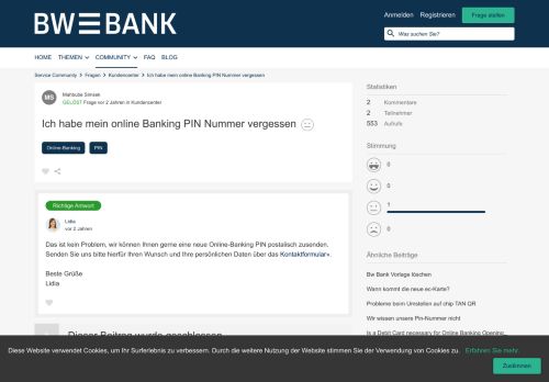 
                            13. Ich habe mein online Banking PIN Nummer vergessen | BW-Bank ...