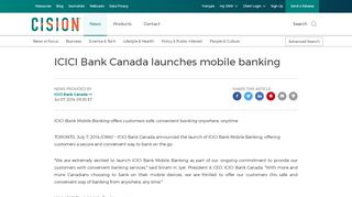 
                            11. ICICI Bank Canada launches mobile banking - Canada Newswire