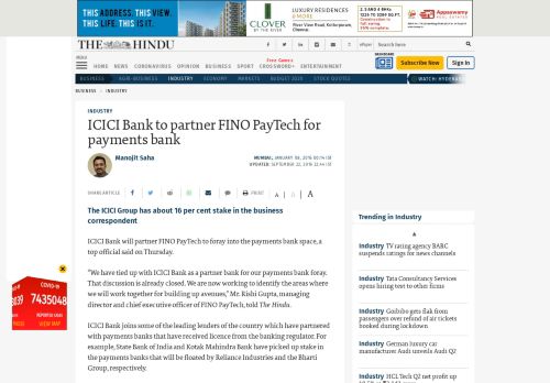 
                            9. ICICI Bank to partner FINO PayTech for payments bank - The Hindu