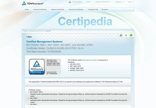 
                            13. ID No. 9105029356: CLINICA EUGIN (EUVITRO, SLU) - Certipedia