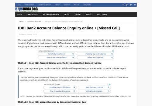 
                            8. IDBI Bank Account Balance Enquiry online + [Missed Call]