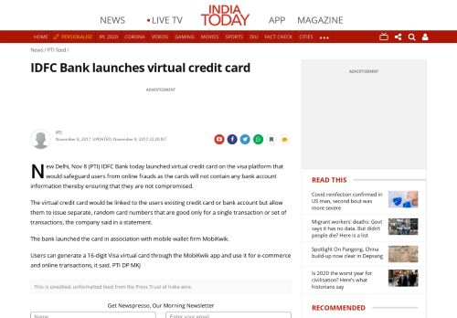 
                            8. IDFC Bank launches virtual credit card - PTI feed News - India Today