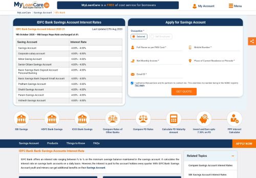 
                            13. IDFC Bank Saving Account Interest Rate, Feb 2019 - MyLoanCare