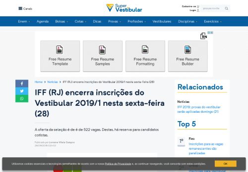 
                            9. IFF (RJ) encerra inscrições do Vestibular 2019/1 nesta sexta-feira (28)