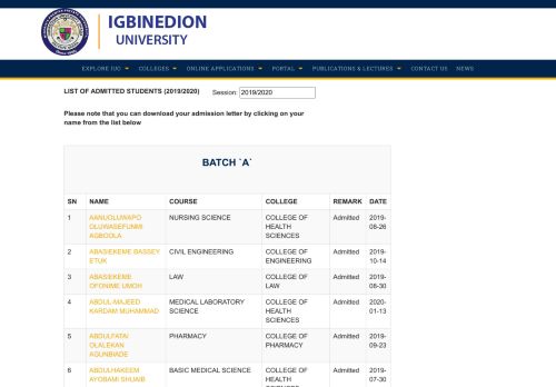 
                            5. Igbinedion University Okada | admissionlist.php