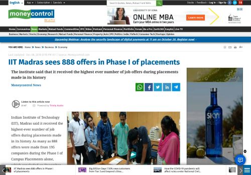 
                            11. IIT Madras sees 888 offers in Phase I of placements - Moneycontrol.com