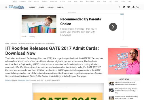 
                            10. IIT Roorkee Releases GATE 2017 Admit Cards: Download Now