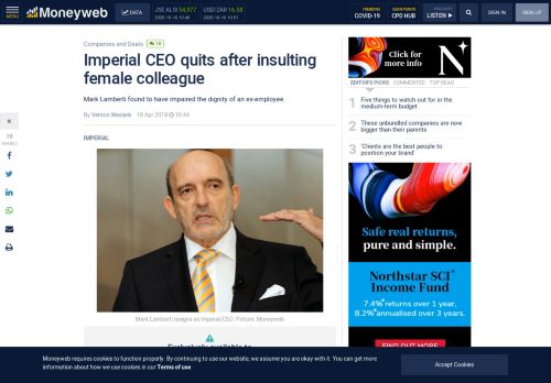 
                            6. Imperial CEO quits after insulting female colleague - Moneyweb