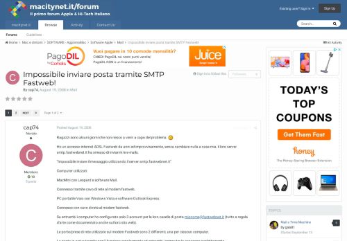 
                            11. Impossibile inviare posta tramite SMTP Fastweb! - Mail - macitynet.it