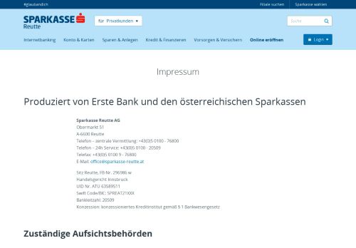 
                            11. Impressum für sparkasse.at | Sparkasse Reutte AG