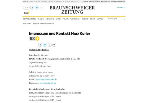 
                            10. Impressum und Kontakt Harz Kurier - Archiv - Braunschweiger Zeitung