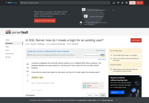 
                            10. In SQL Server, how do I create a login for an existing user ...