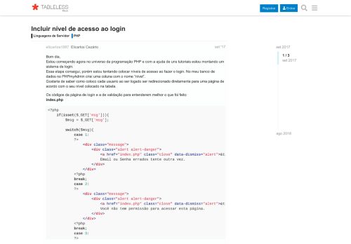 
                            13. Incluir nível de acesso ao login - PHP - Fórum do Tableless