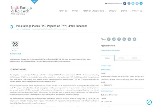 
                            10. India Ratings Places FINO Paytech on RWN; Limits Enhanced