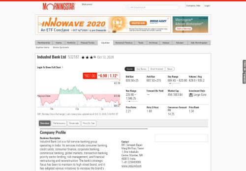 
                            12. IndusInd Bank Ltd - Stock Overview - Morningstar India