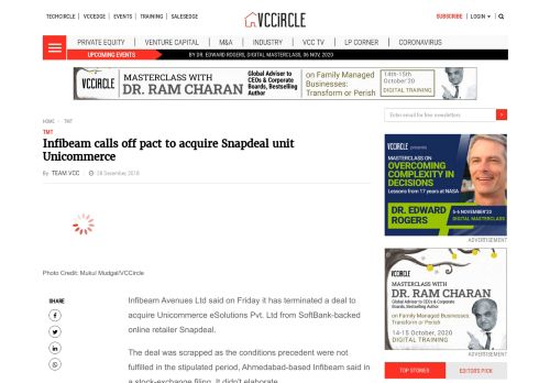 
                            9. Infibeam calls off pact to acquire Snapdeal unit Unicommerce | VCCircle
