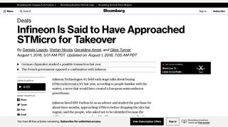 
                            10. Infineon Is Said to Have Approached STMicro for Takeover - Bloomberg