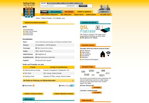 
                            12. Informationen zum Telekommunikationsanbieter quix - teltarif.de