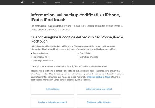 
                            4. Informazioni sui backup codificati in iTunes - Supporto Apple