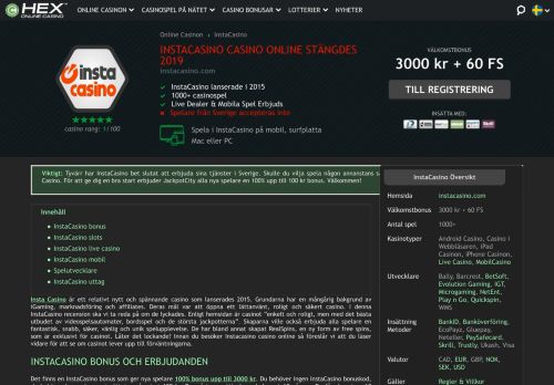 
                            2. InstaCasino Casino | Bonus: 3000 kr + 60 FS | Recension & Betyg