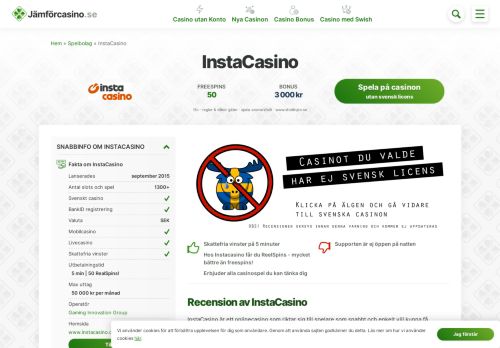 
                            12. InstaCasino - Läs recension - 3 000 kr bonus - 50 freespins