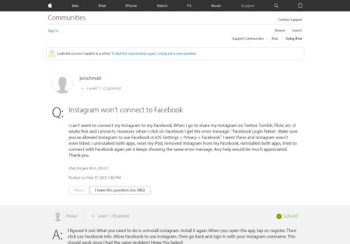 
                            2. Instagram won't connect to Facebook - Apple Community - Apple ...