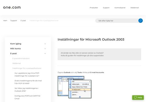 
                            3. Inställningar för Microsoft Outlook 2003 – Support | One.com