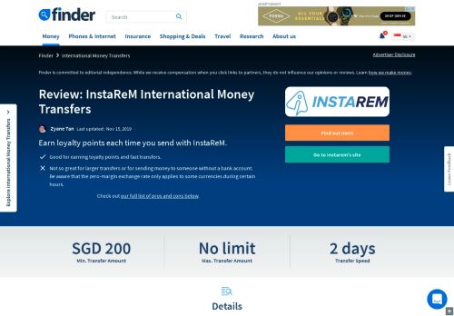 
                            3. InstaReM Money Transfers - Pros, cons, fees - 2019 review| Finder ...