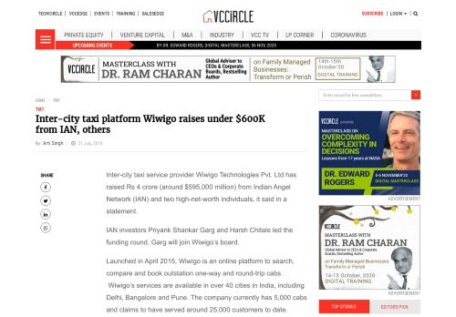 
                            10. Inter-city taxi platform Wiwigo raises under $600K from IAN, others ...