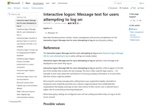 
                            1. Interactive logon Message text for users attempting to log on (Windows ...