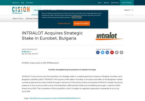 
                            10. INTRALOT Acquires Strategic Stake in Eurobet, Bulgaria - PR Newswire