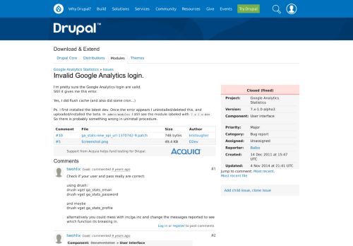 
                            7. Invalid Google Analytics login. [#1370742] | Drupal.org