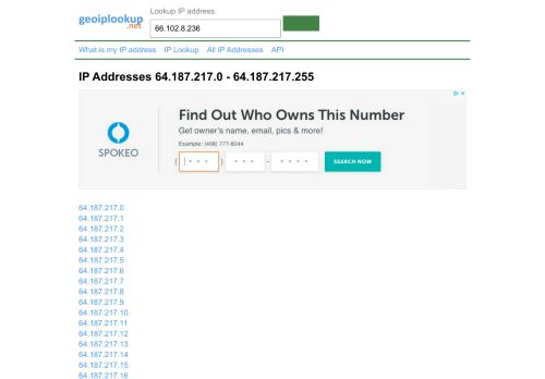 
                            13. IP Addresses 64.187.217.0 - 64.187.217.255 | Geo IP Lookup