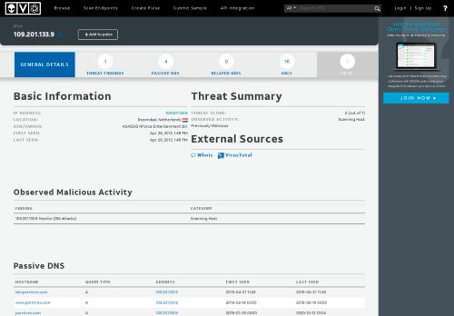 
                            6. IPv4: 109.201.133.9 - AlienVault - Open Threat Exchange