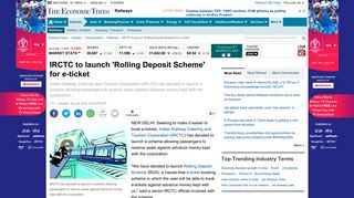 
                            10. IRCTC to launch 'Rolling Deposit Scheme' for e-ticket - The Economic ...