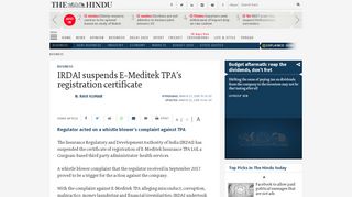 
                            7. IRDAI suspends E-Meditek TPA's registration certificate - The Hindu