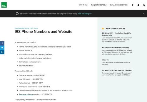 
                            3. IRS Phone Numbers and Website | H&R Block