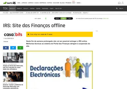 
                            12. IRS: Site das Finanças offline - Internet - SAPO Tek