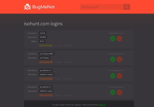 
                            3. isohunt.com passwords - BugMeNot