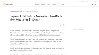 
                            7. Japan's Lifull to buy Australian classifieds firm Mitula for $140 mln ...